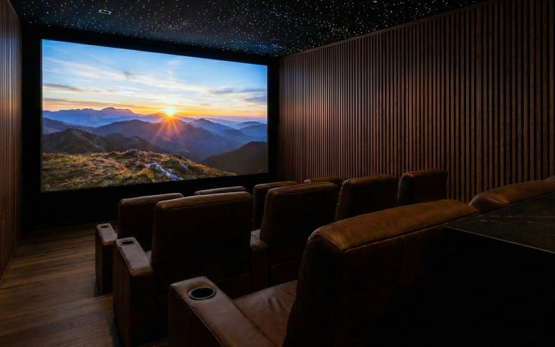 Dedicated home theater with a large screen, star ceiling and tiered leather seating