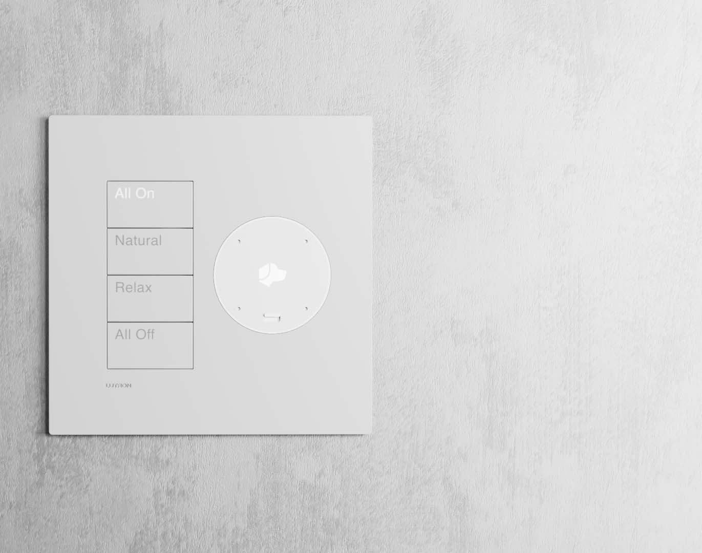 White Lutron Palladiom keypad integrated with a Josh.ai voice control.