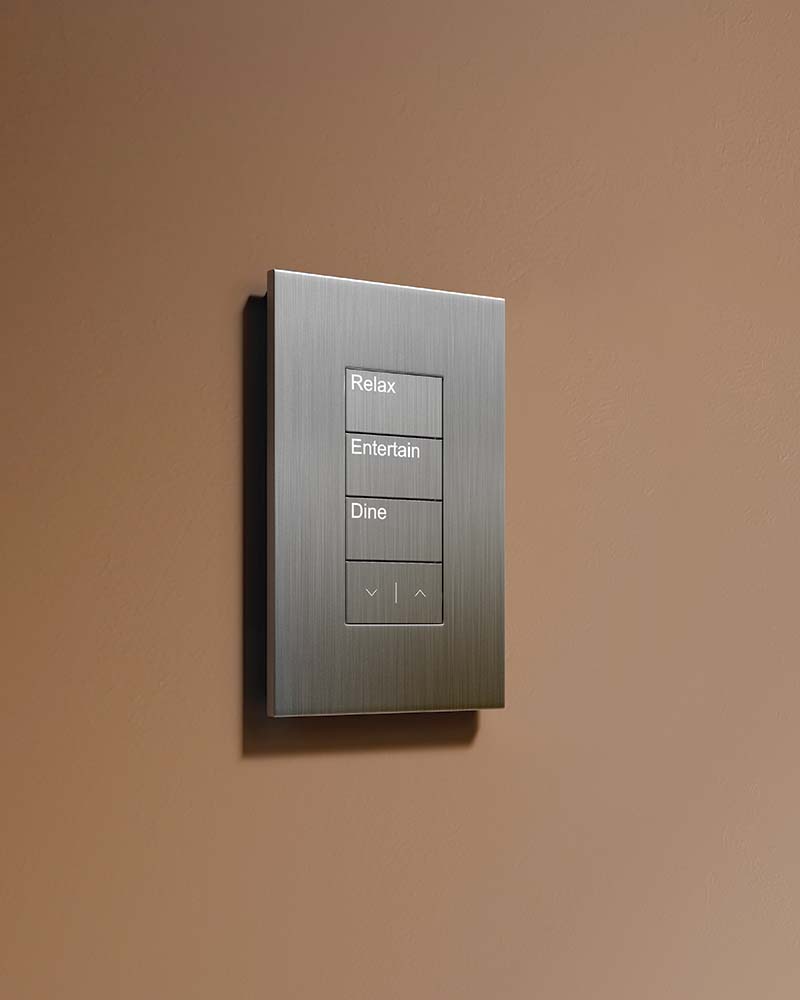 Brushed aluminum Lutron Palladiom keypad on a warm brown wall.