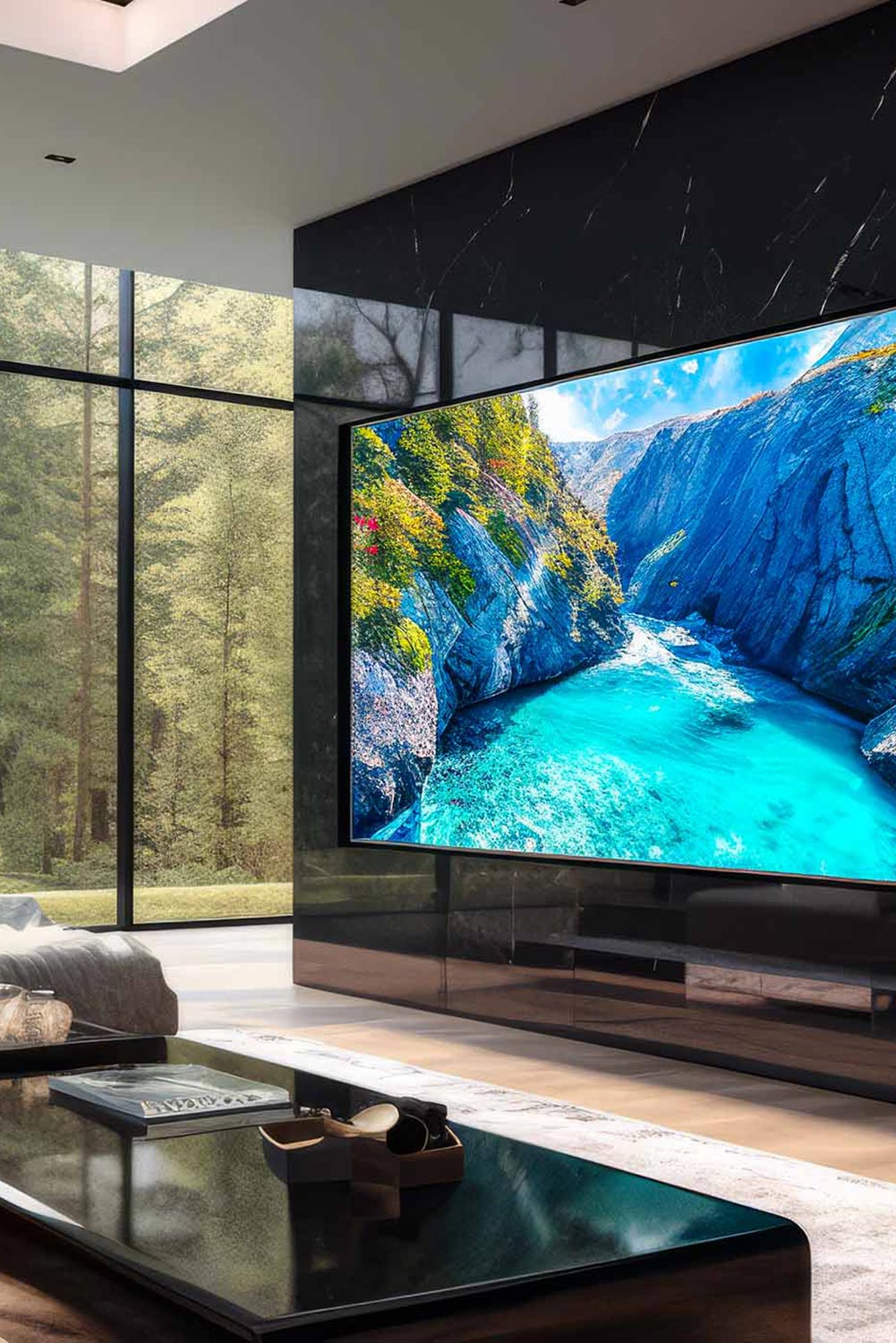Large wall-mounted screen displaying a bright blue river landscape in a luxury modern living room
