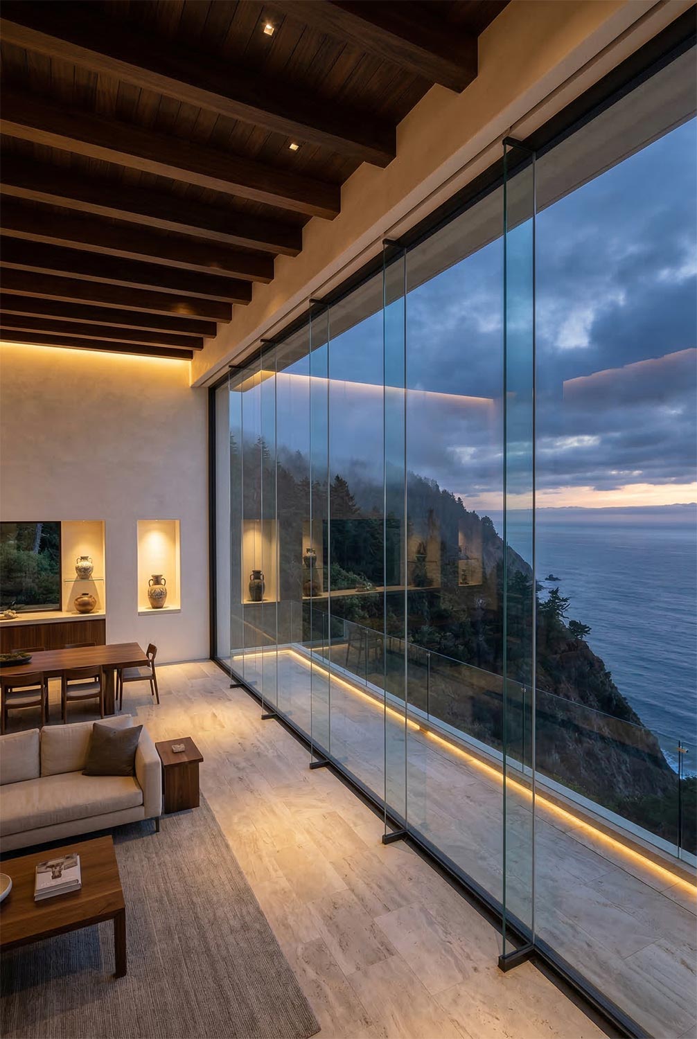 Modern living room with floor-to-ceiling windows overlooking a coastal sunset