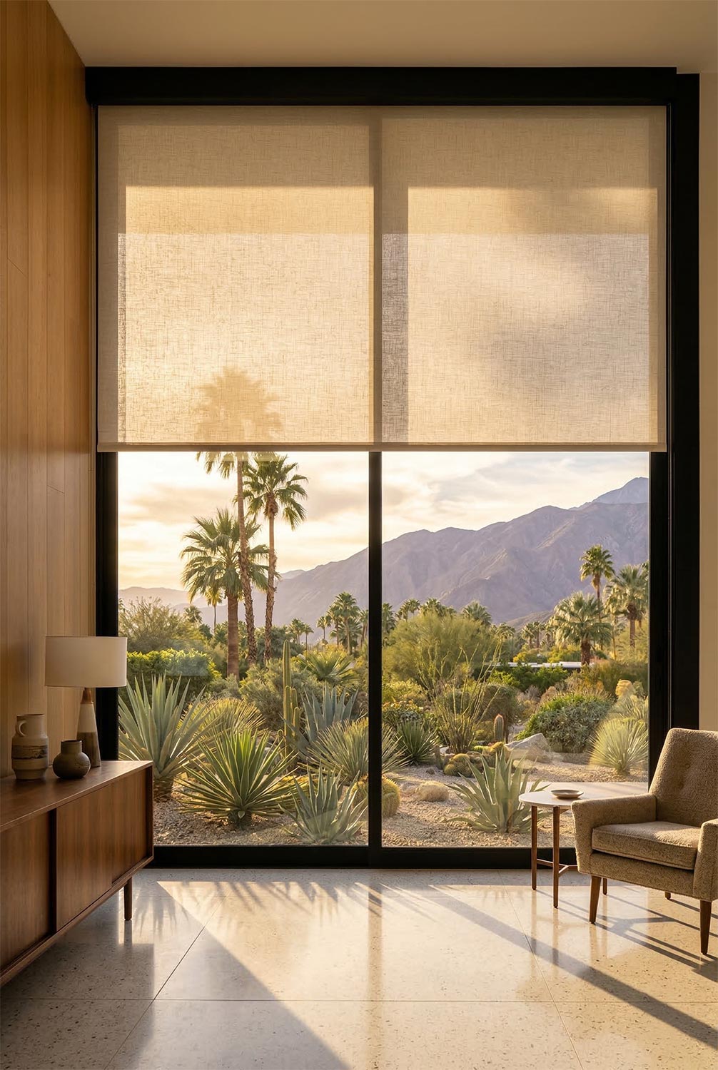 Neutral roller shades partially covering a large window with a desert mountain view