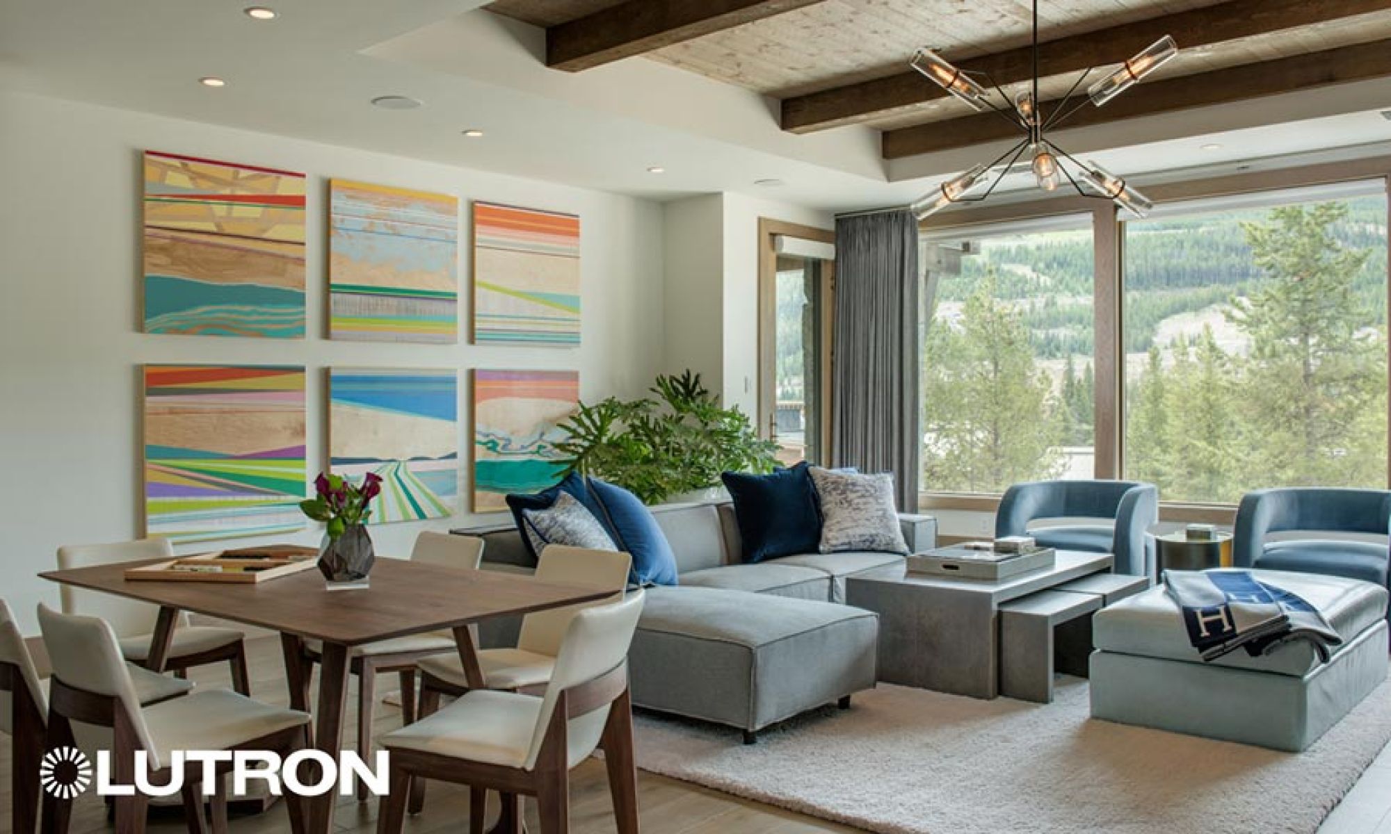 Bright living room with automated shades and designer lighting fixture