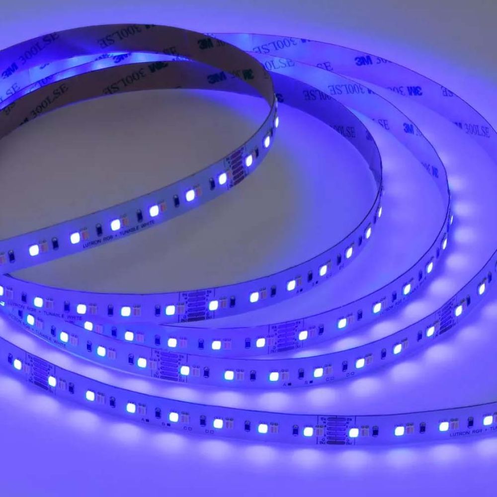 Coiled strip of blue Lutron RGB smart tape lighting.