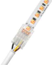 Close-up of Lutron Rania tunable white tape light and clear connector.