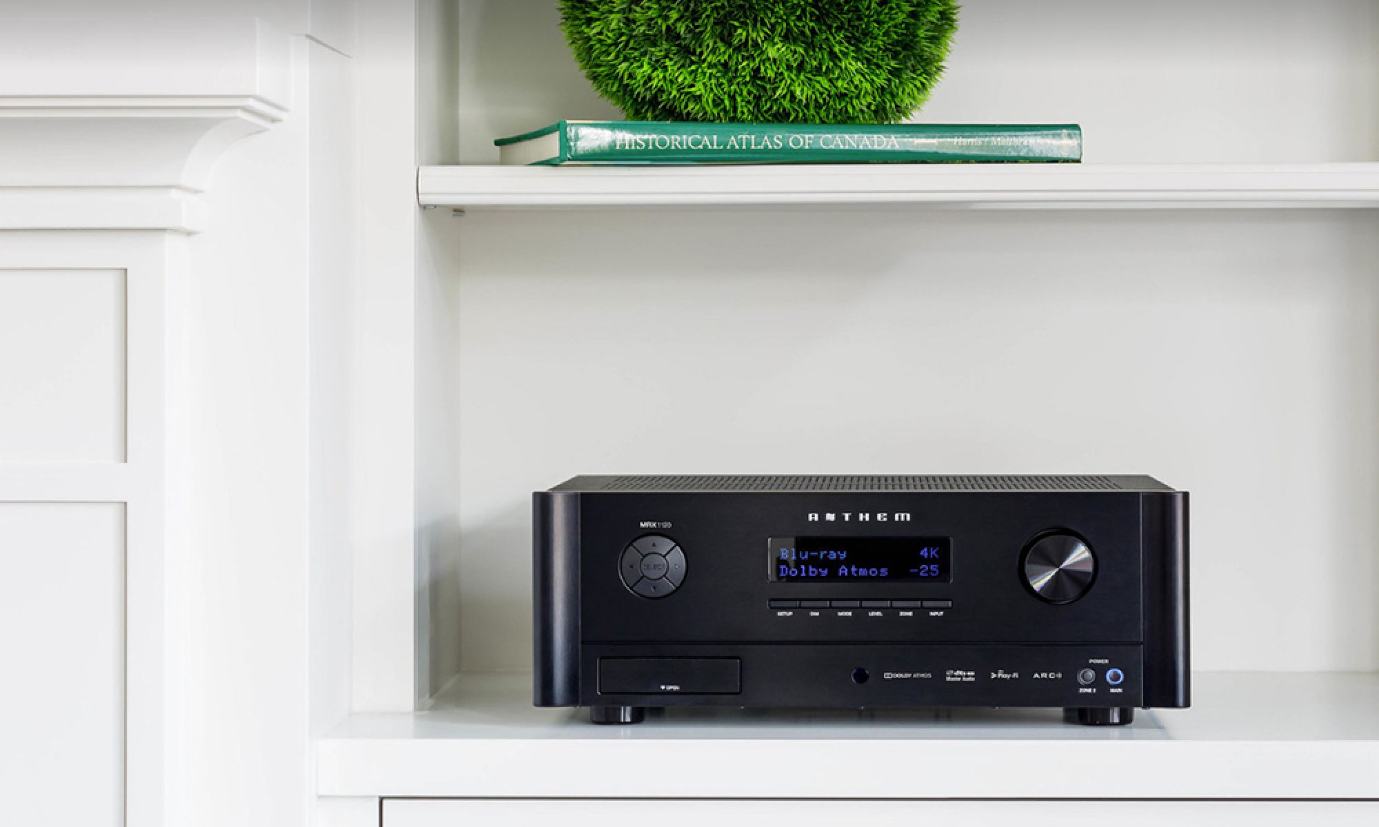 Black home theater receiver on a white shelf with a green plant above