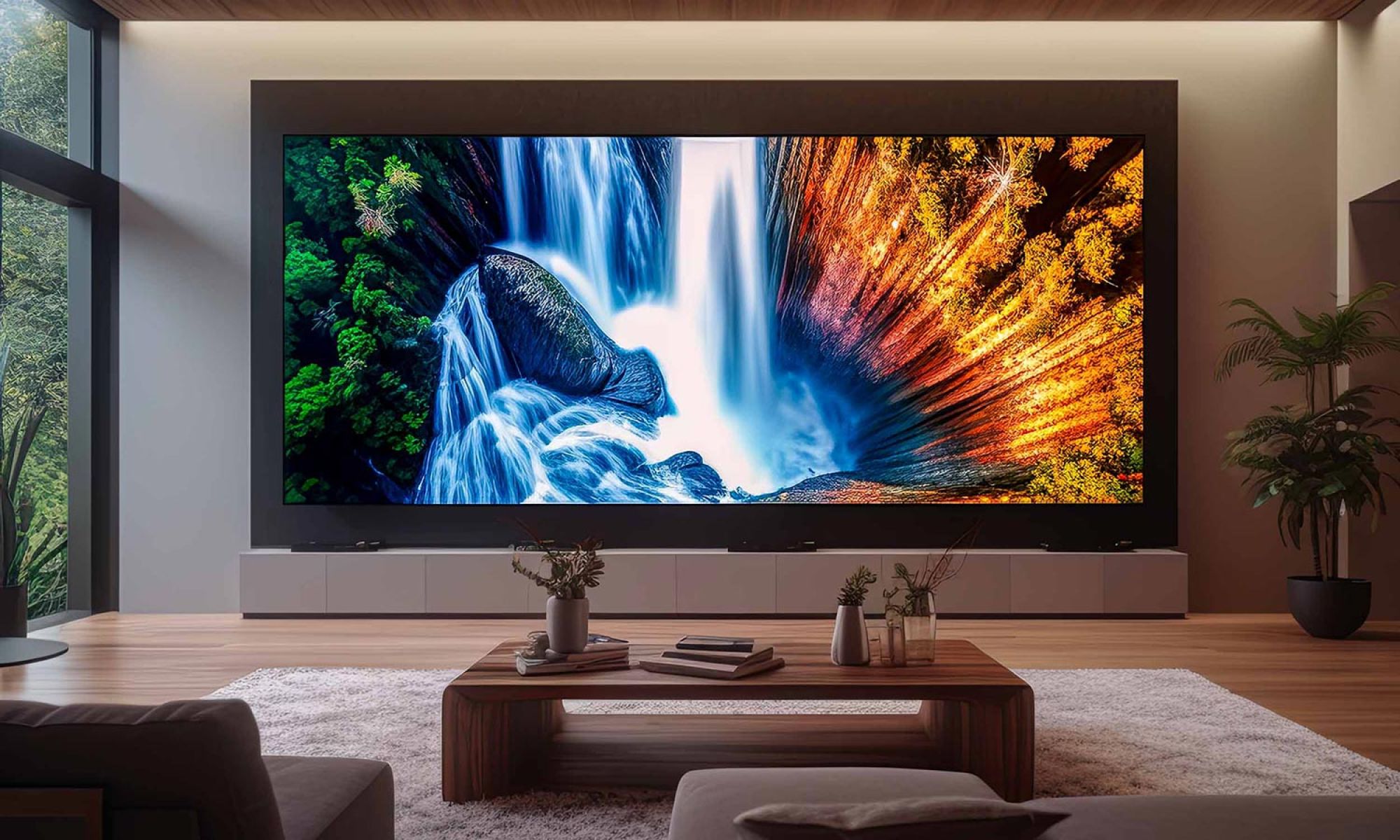 Massive floor-to-ceiling video wall displaying a lush waterfall in a modern room