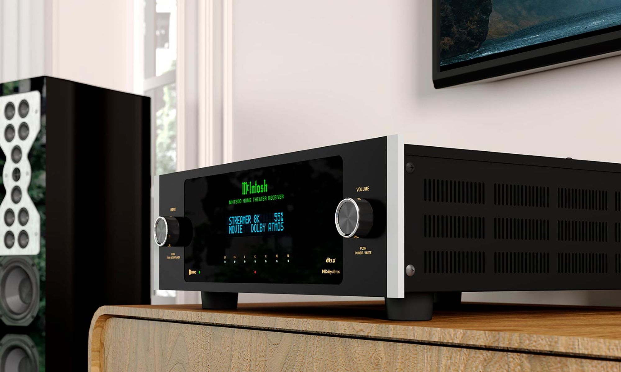 High-end audio receiver with a black faceplate and glowing blue display